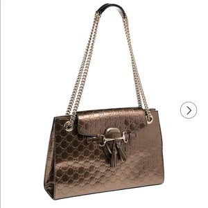 Gucci Metallic Bronze Guccissima Patent
Leather Large Emily Chain Shoulder Bag.
